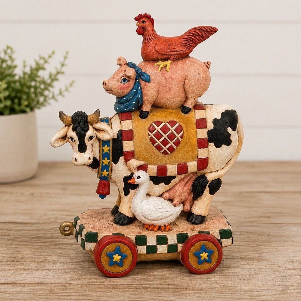 Checkered Farm Animal Stack Figurine Cow Pig Rooster Goose Folk Art 10.5"